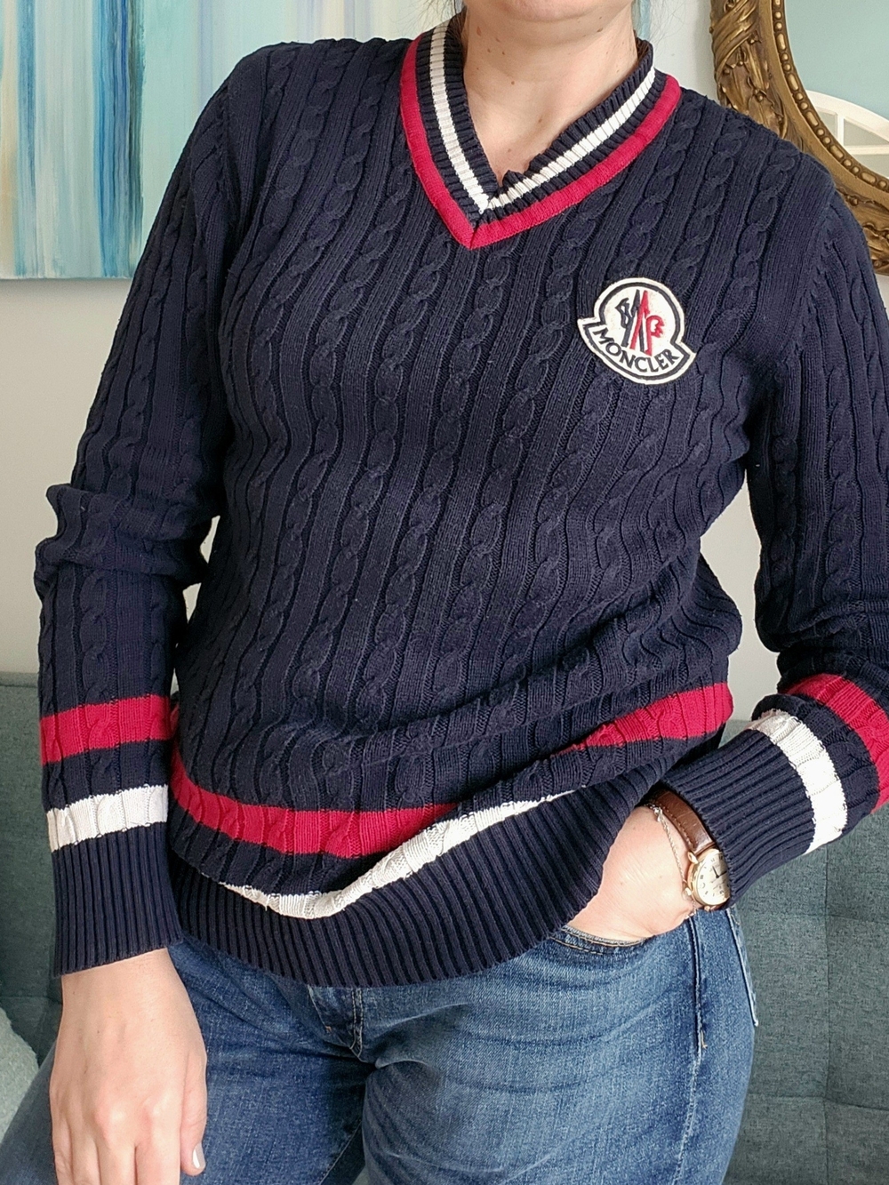 Moncler Vintage Navy Cable-Knit V-Neck Cotton Sweater
